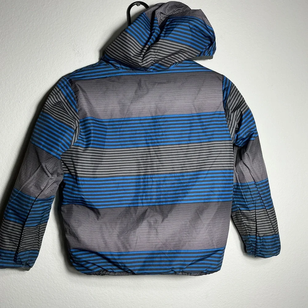 The North Face Puffer Jacket Boys S 7/8 Reversible Gray Blue Hooded Head Gloves